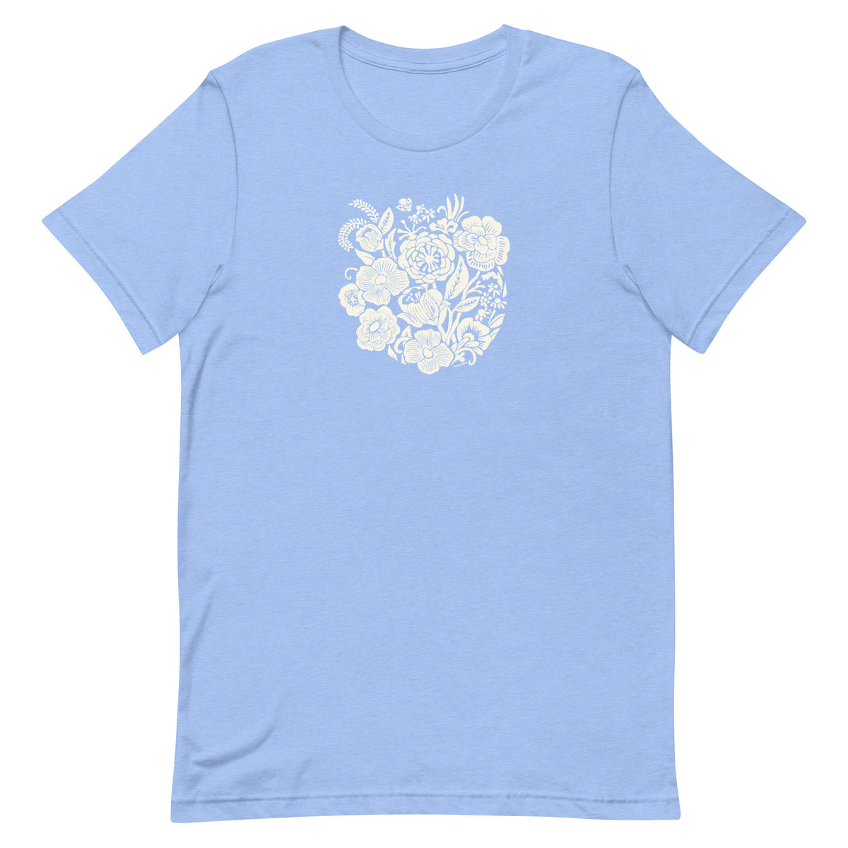 Meadowsweet woodblock-style bouquet of wildflowers on a t-shirt in heather Carolina blue, front view – Kate Spain design