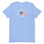 Patchwork Flag quilt-style flag with fireworks on a staple t-shirt in heather Carolina blue, front view – Kate Spain design for Pat Sloan