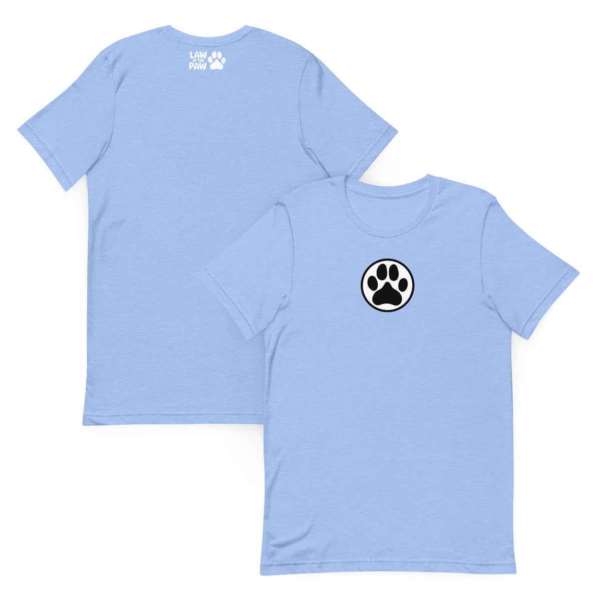 Law of the Paw® dog paw print on a t-shirt in heather Carolina blue, front and back view – Kate Spain design