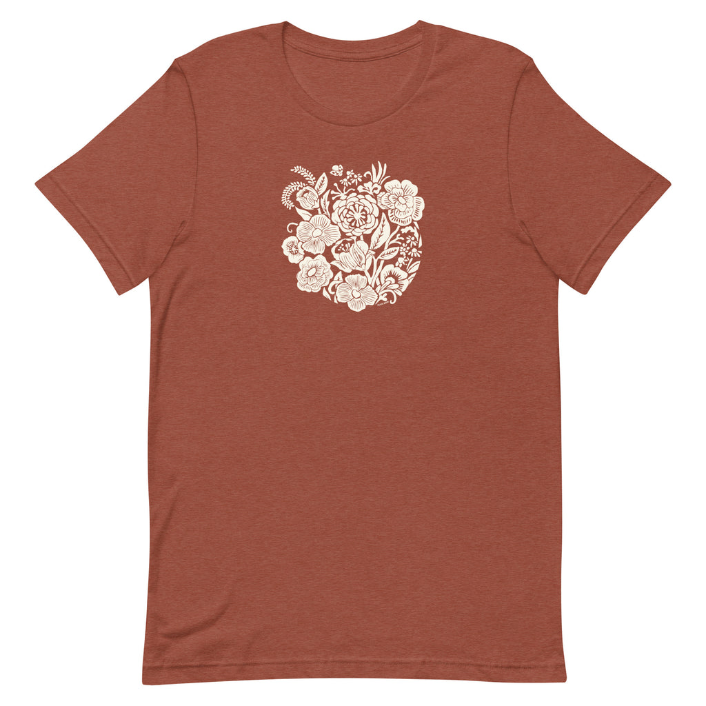 Meadowsweet woodblock-style bouquet of wildflowers on a t-shirt in heather clay, front view – Kate Spain design