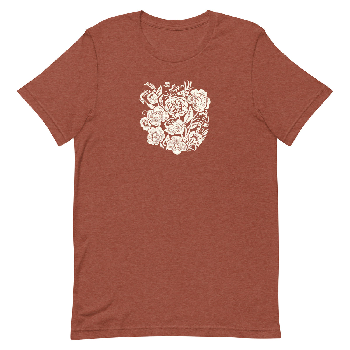 Meadowsweet woodblock-style bouquet of wildflowers on a t-shirt in heather clay, front view – Kate Spain design