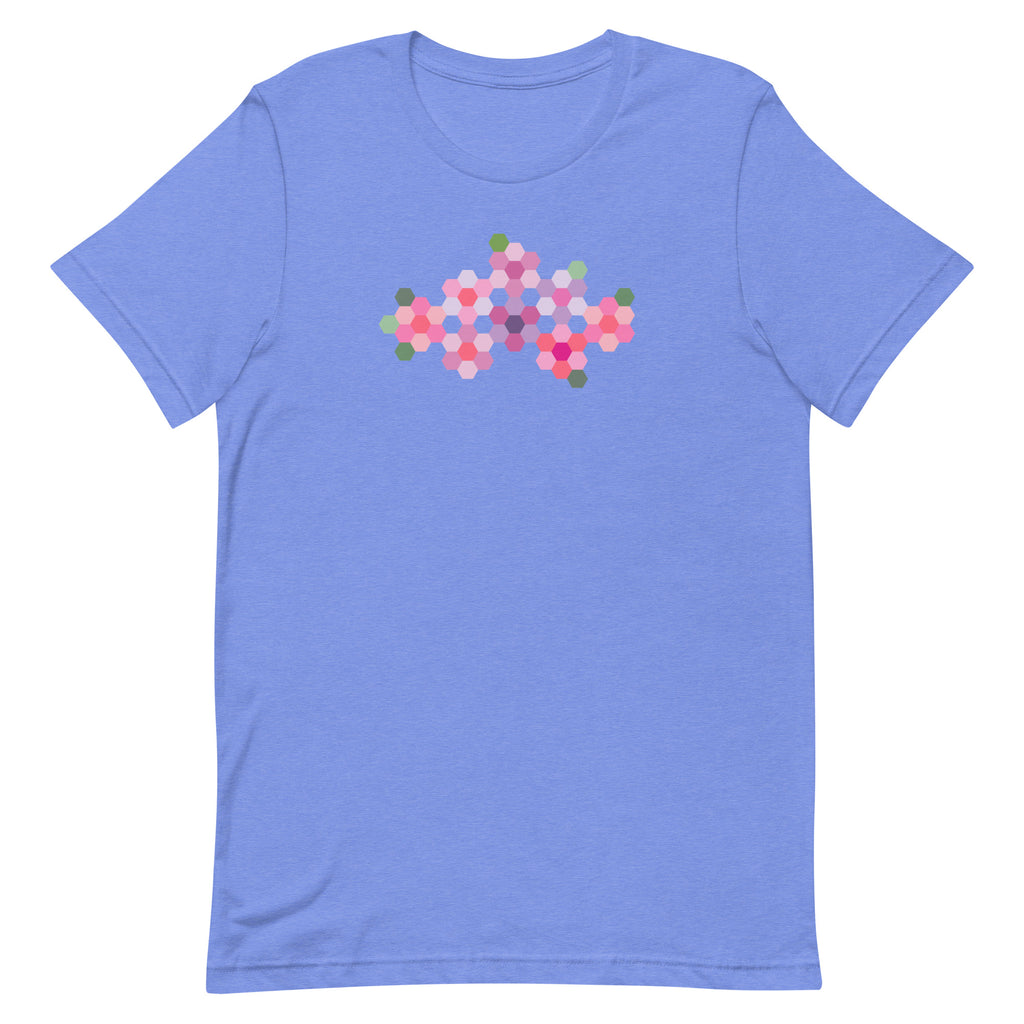 Pink GeoFlora hexagon flowers in pinks, mauves and sage on a t-shirt in heather Columbia blue, front view – Kate Spain design for Pat Sloan
