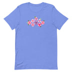 Pink GeoFlora hexagon flowers in pinks, mauves and sage on a t-shirt in heather Columbia blue, front view – Kate Spain design for Pat Sloan