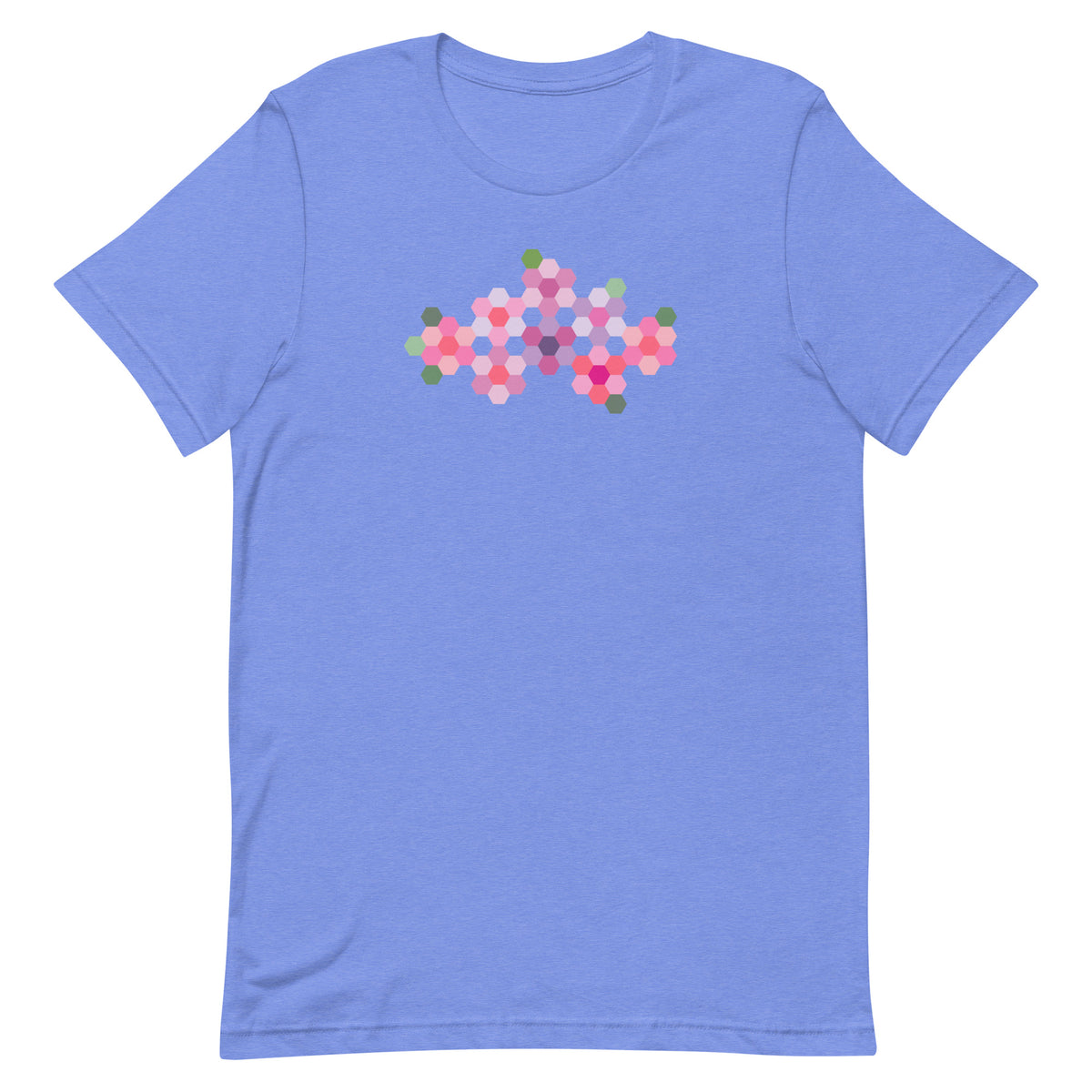 Pink GeoFlora hexagon flowers in pinks, mauves and sage on a t-shirt in heather Columbia blue, front view – Kate Spain design for Pat Sloan