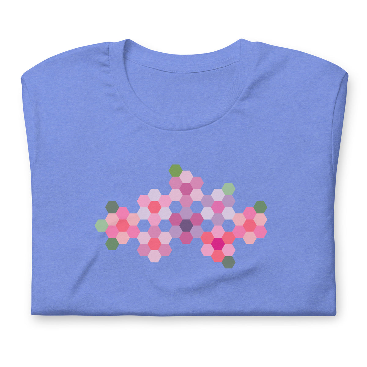Pink GeoFlora hexagon flowers in pinks, mauves and sage on a t-shirt in heather Columbia blue, folded close-up of the design – Kate Spain design for Pat Sloan