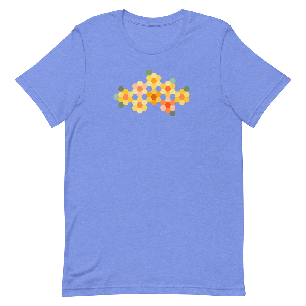 Yellow GeoFlora hexagon flowers in golden yellow, orange, coral and sage on a t-shirt in heather Columbia blue, front view – Kate Spain design for Pat Sloan