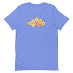 Yellow GeoFlora hexagon flowers in golden yellow, orange, coral and sage on a t-shirt in heather Columbia blue, front view – Kate Spain design for Pat Sloan
