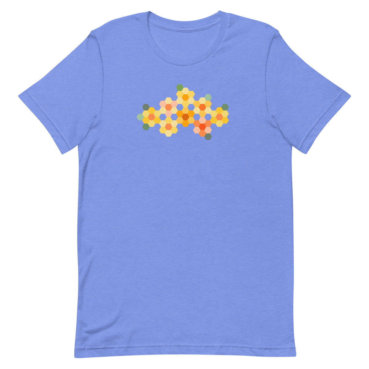 Yellow GeoFlora hexagon flowers in golden yellow, orange, coral and sage on a t-shirt in heather Columbia blue, front view – Kate Spain design for Pat Sloan