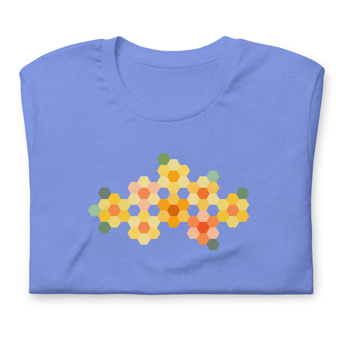 Yellow GeoFlora hexagon flowers in golden yellow, orange, coral and sage on a t-shirt in heather Columbia blue, folded close-up of the design – Kate Spain design for Pat Sloan
