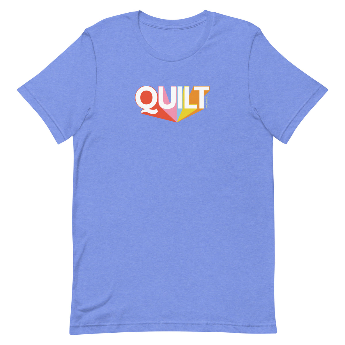 Moda QUILT logo with orange, pink, blue and yellow rays on a staple t-shirt in heather Columbia blue, front view – Kate Spain design