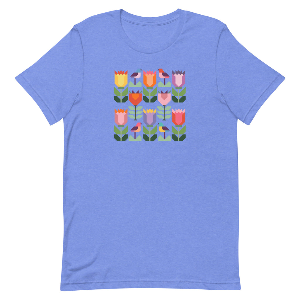Birds + Blooms patchwork tulips and birds on a t-shirt in heather Columbia blue, front view – Kate Spain design for Pat Sloan