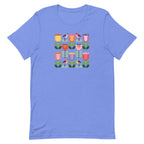 Birds + Blooms patchwork tulips and birds on a t-shirt in heather Columbia blue, front view – Kate Spain design for Pat Sloan