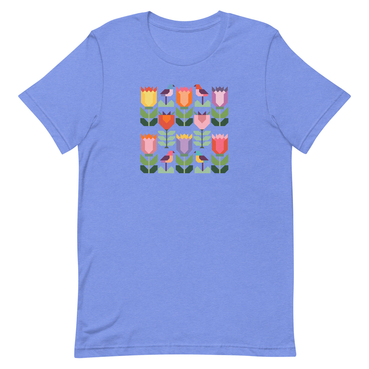 Birds + Blooms patchwork tulips and birds on a t-shirt in heather Columbia blue, front view – Kate Spain design for Pat Sloan