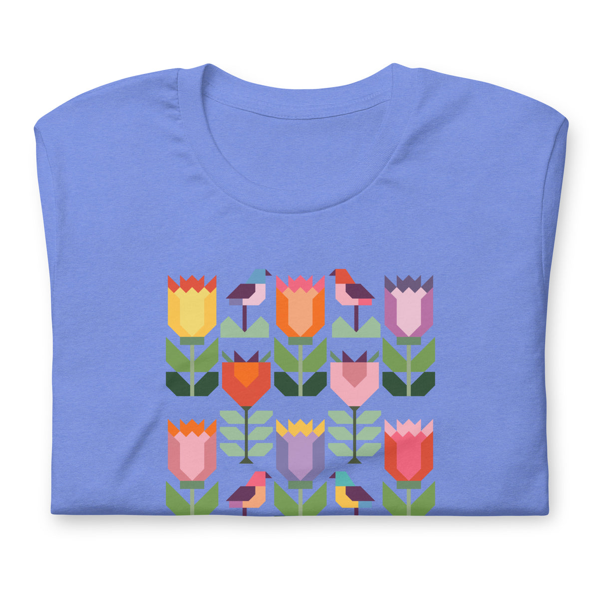 Birds + Blooms patchwork tulips and birds on a t-shirt in heather Columbia blue, folded close-up of the design – Kate Spain design for Pat Sloan