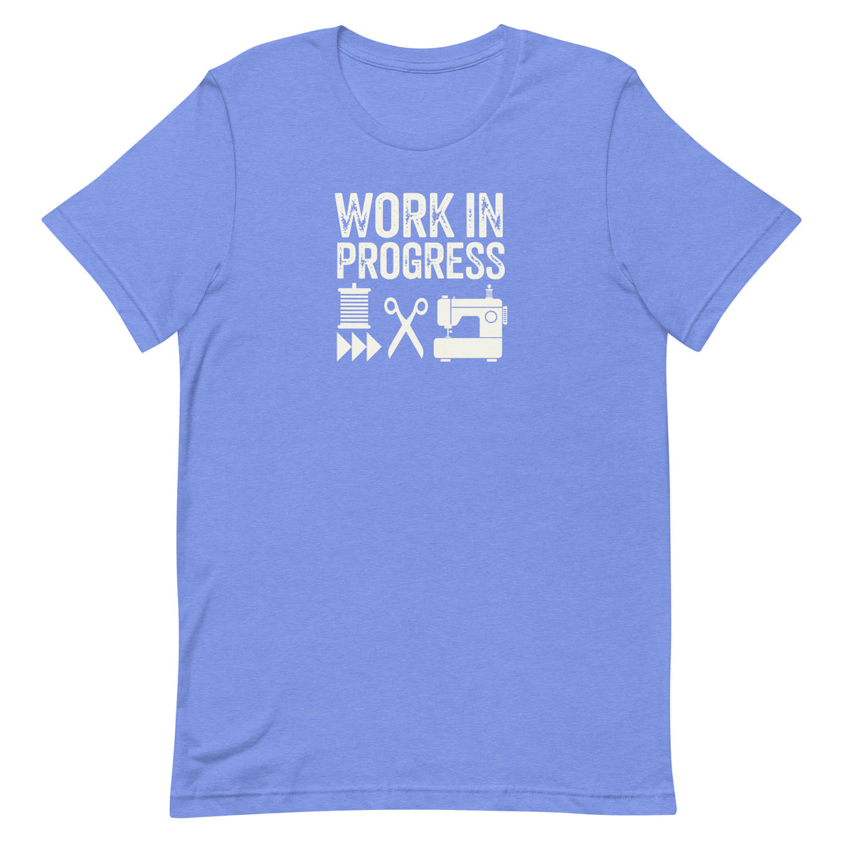 Work in Progress Mod distressed lettering with thread, scissors and sewing machine on a t-shirt in heather Columbia blue, front view – Kate Spain design for Pat Sloan