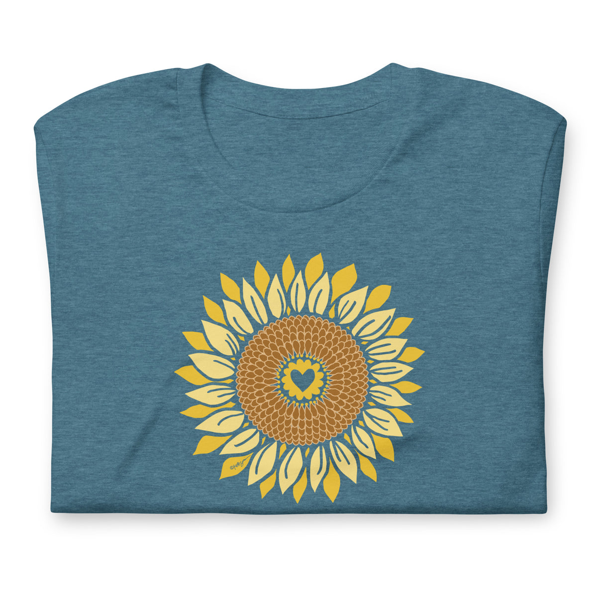 Golden sunflower with a heart center on a crewneck t-shirt in heather deep teal, folded close-up of the design – Sunflowers in My Heart by Kate Spain