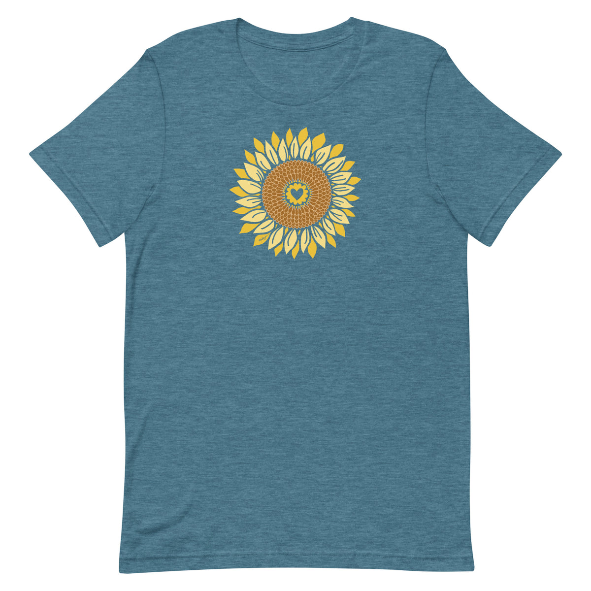 Golden sunflower with a heart center on a crewneck t-shirt in heather deep teal, front view – Sunflowers in My Heart by Kate Spain