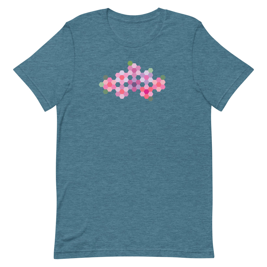 Pink GeoFlora hexagon flowers in pinks, mauves and sage on a t-shirt in heather deep teal, front view – Kate Spain design for Pat Sloan
