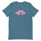 Pink GeoFlora hexagon flowers in pinks, mauves and sage on a t-shirt in heather deep teal, front view – Kate Spain design for Pat Sloan