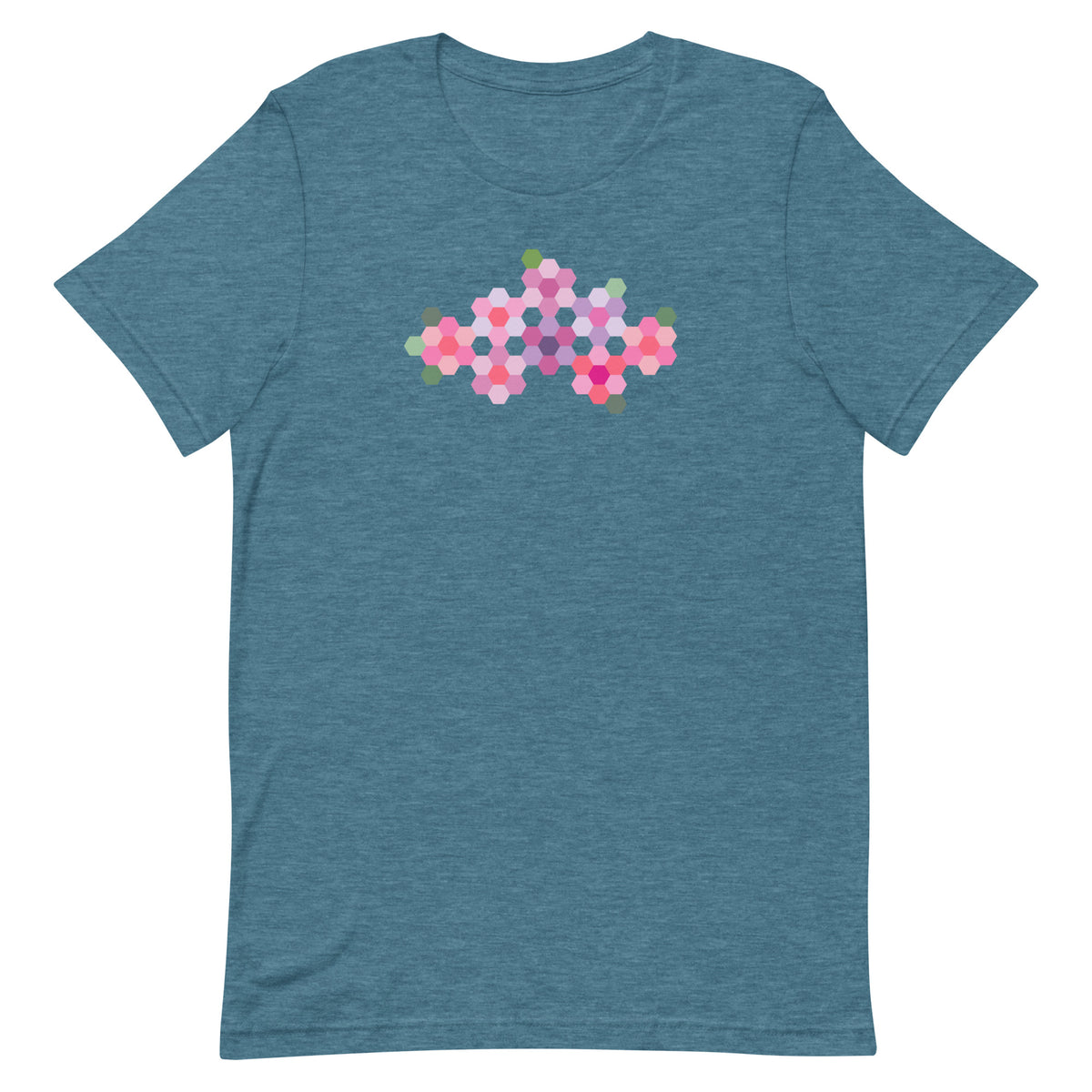 Pink GeoFlora hexagon flowers in pinks, mauves and sage on a t-shirt in heather deep teal, front view – Kate Spain design for Pat Sloan
