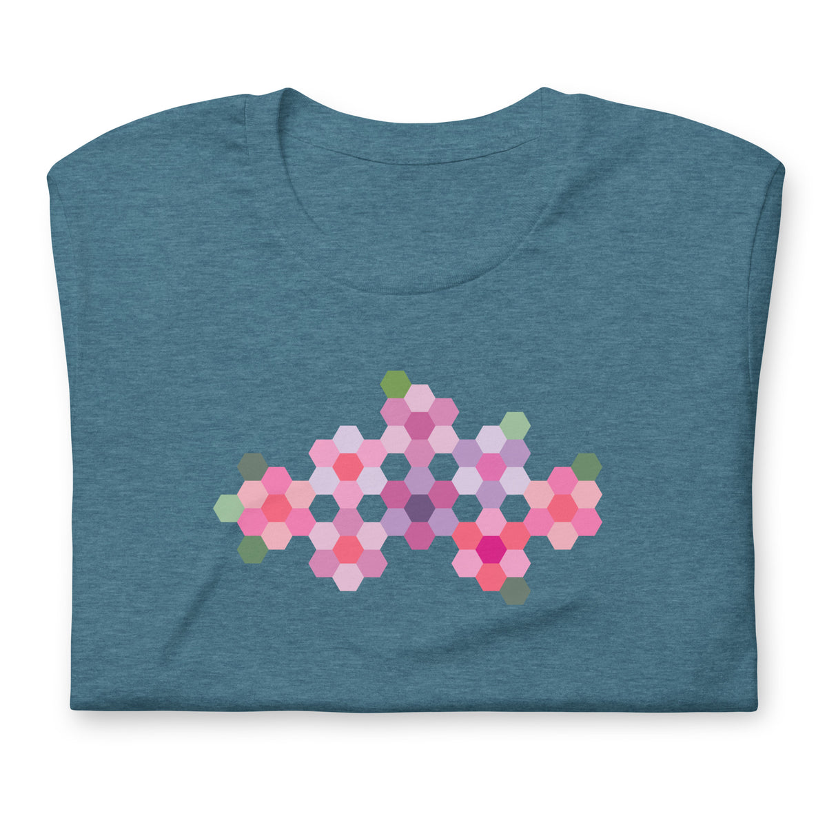 Pink GeoFlora hexagon flowers in pinks, mauves and sage on a t-shirt in heather deep teal, folded close-up of the design – Kate Spain design for Pat Sloan