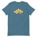 Yellow GeoFlora hexagon flowers in golden yellow, orange, coral and sage on a t-shirt in heather deep teal, front view – Kate Spain design for Pat Sloan