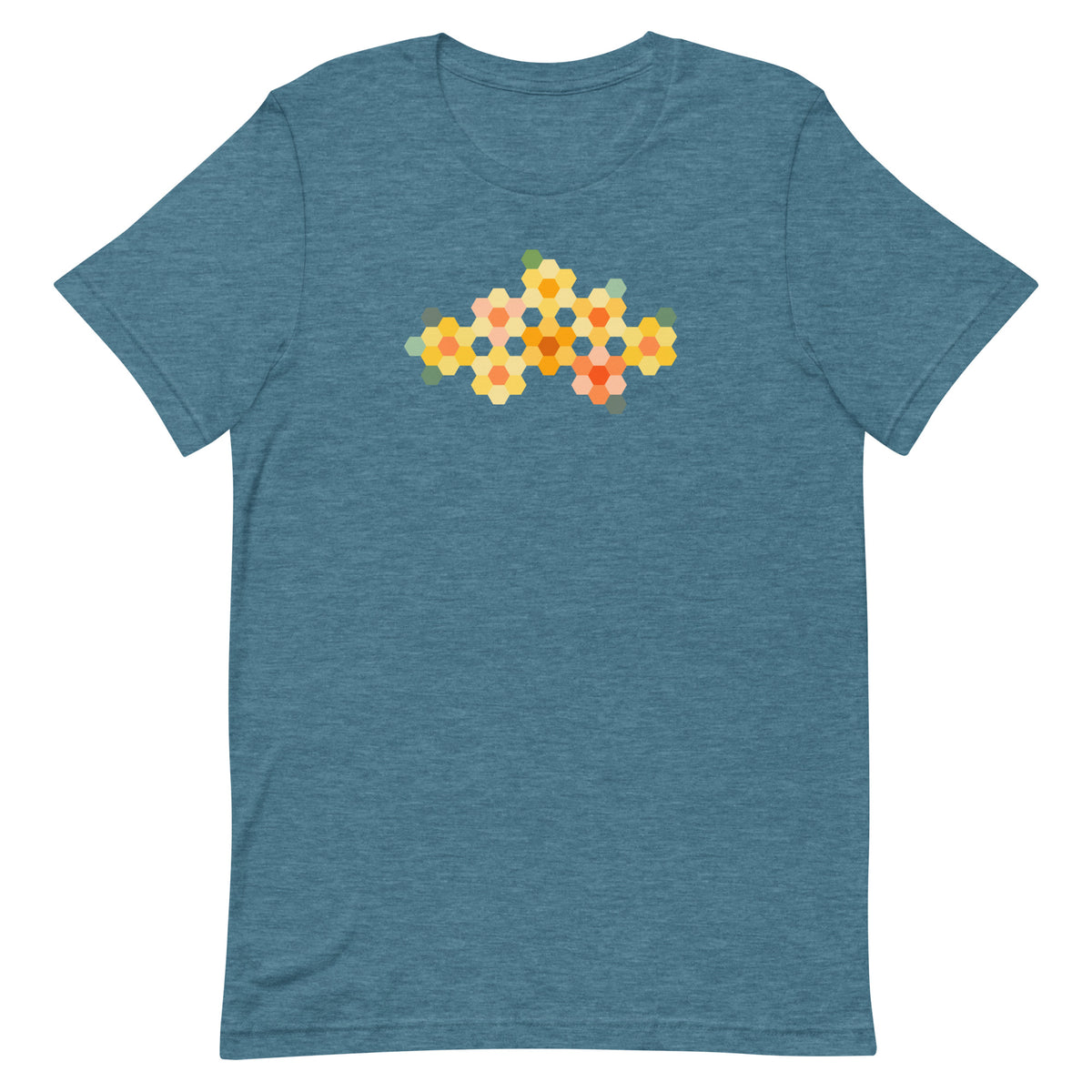 Yellow GeoFlora hexagon flowers in golden yellow, orange, coral and sage on a t-shirt in heather deep teal, front view – Kate Spain design for Pat Sloan