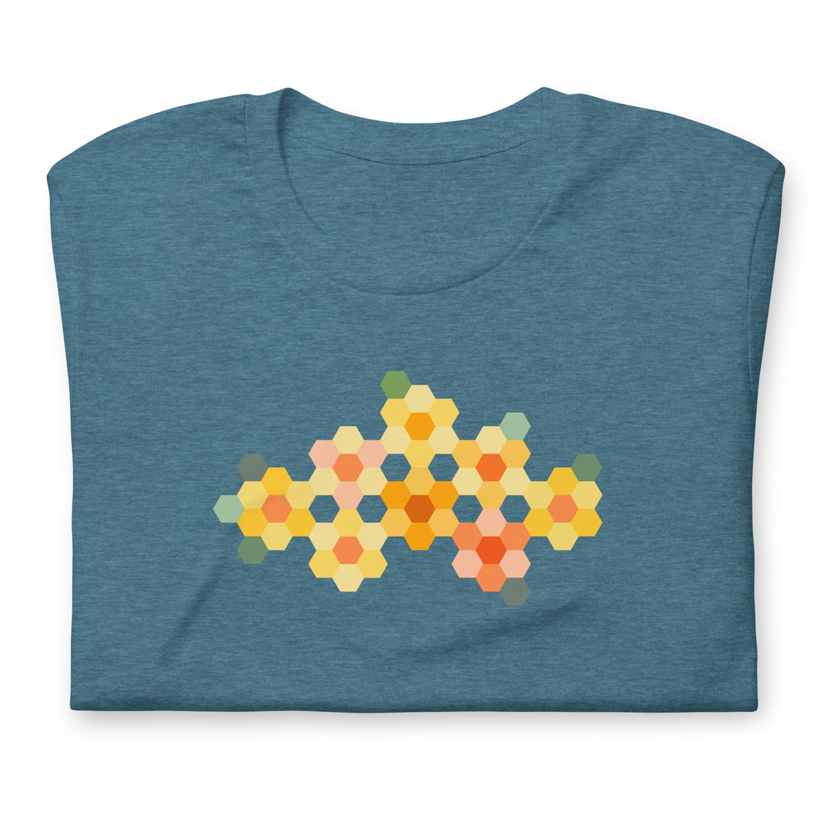 Yellow GeoFlora hexagon flowers in golden yellow, orange, coral and sage on a t-shirt in heather deep teal, folded close-up of the design – Kate Spain design for Pat Sloan