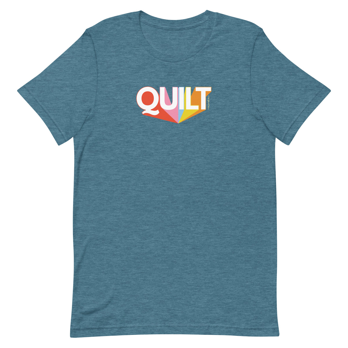 Moda QUILT logo with orange, pink, blue and yellow rays on a staple t-shirt in heather deep teal, front view – Kate Spain design