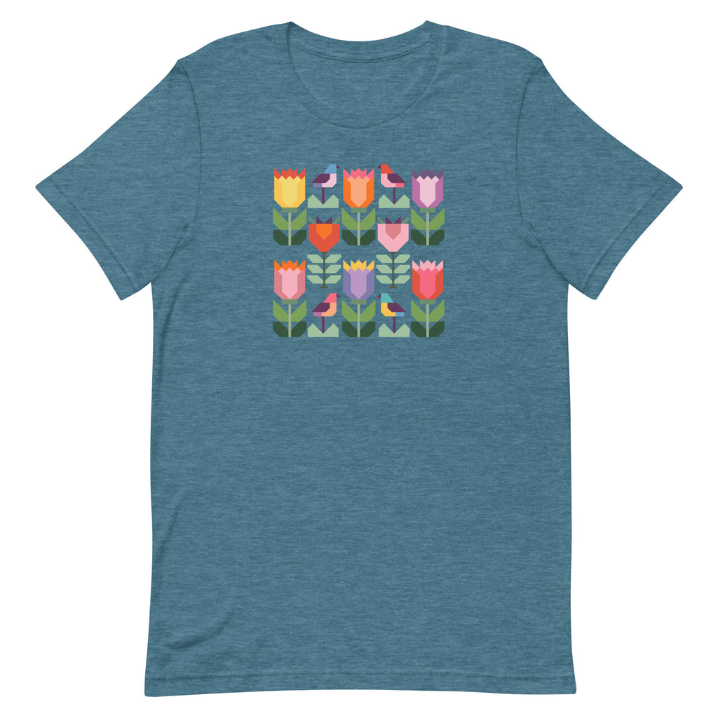 Birds + Blooms patchwork tulips and birds on a t-shirt in heather deep teal, front view – Kate Spain design for Pat Sloan