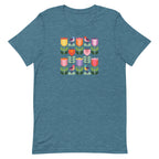 Birds + Blooms patchwork tulips and birds on a t-shirt in heather deep teal, front view – Kate Spain design for Pat Sloan