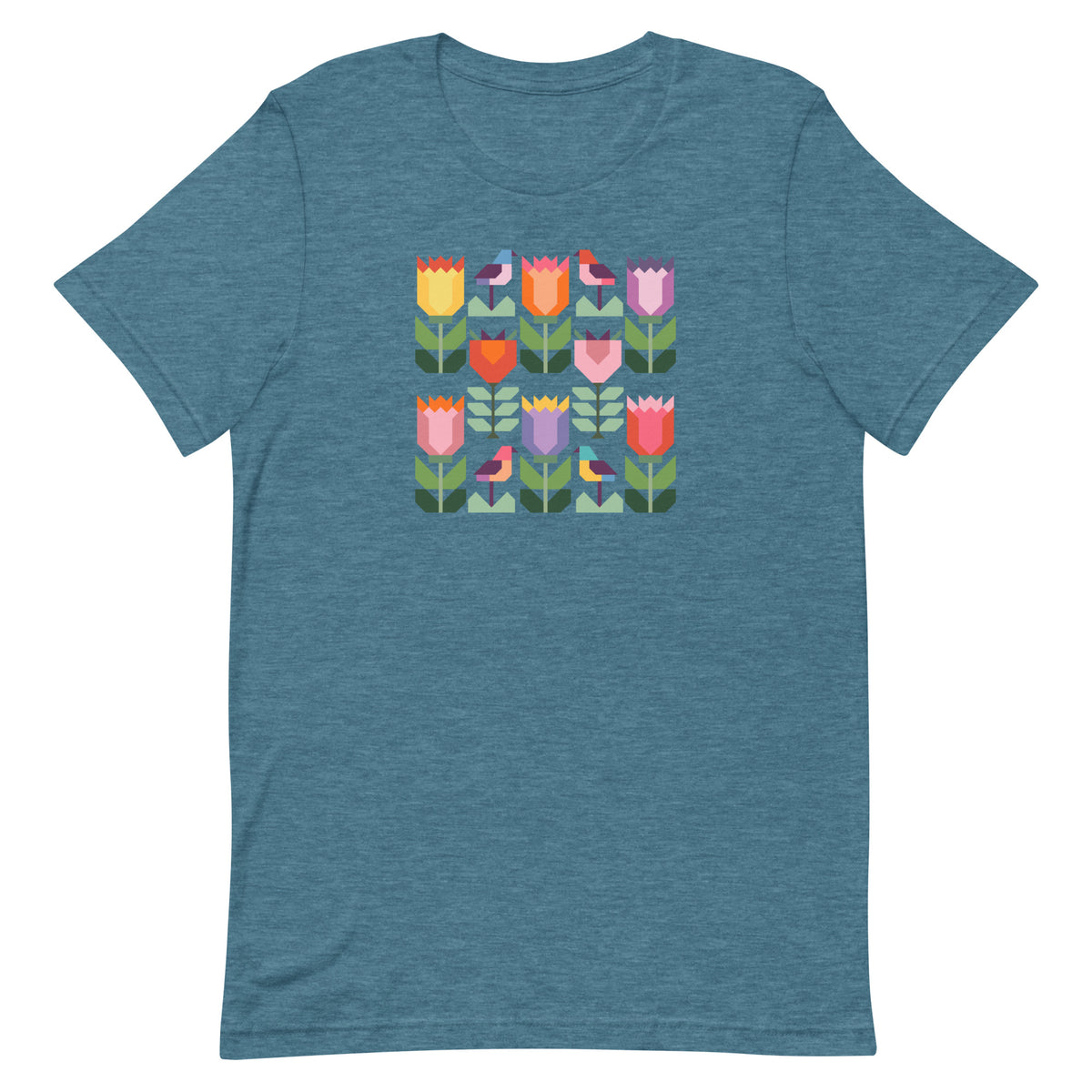 Birds + Blooms patchwork tulips and birds on a t-shirt in heather deep teal, front view – Kate Spain design for Pat Sloan