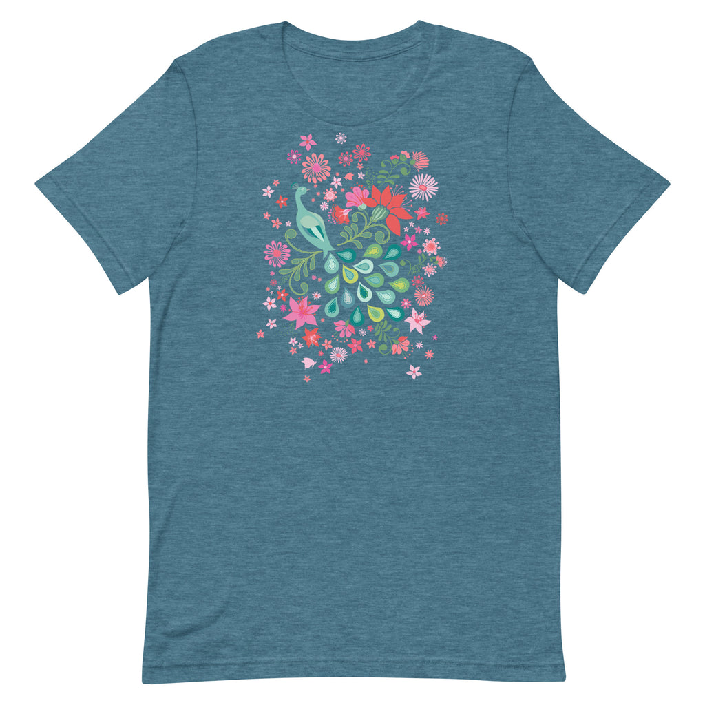 Peacock Flowers design, a peacock among coral, pink, mint and teal blooms on a t-shirt in heather deep teal, front view – Kate Spain design