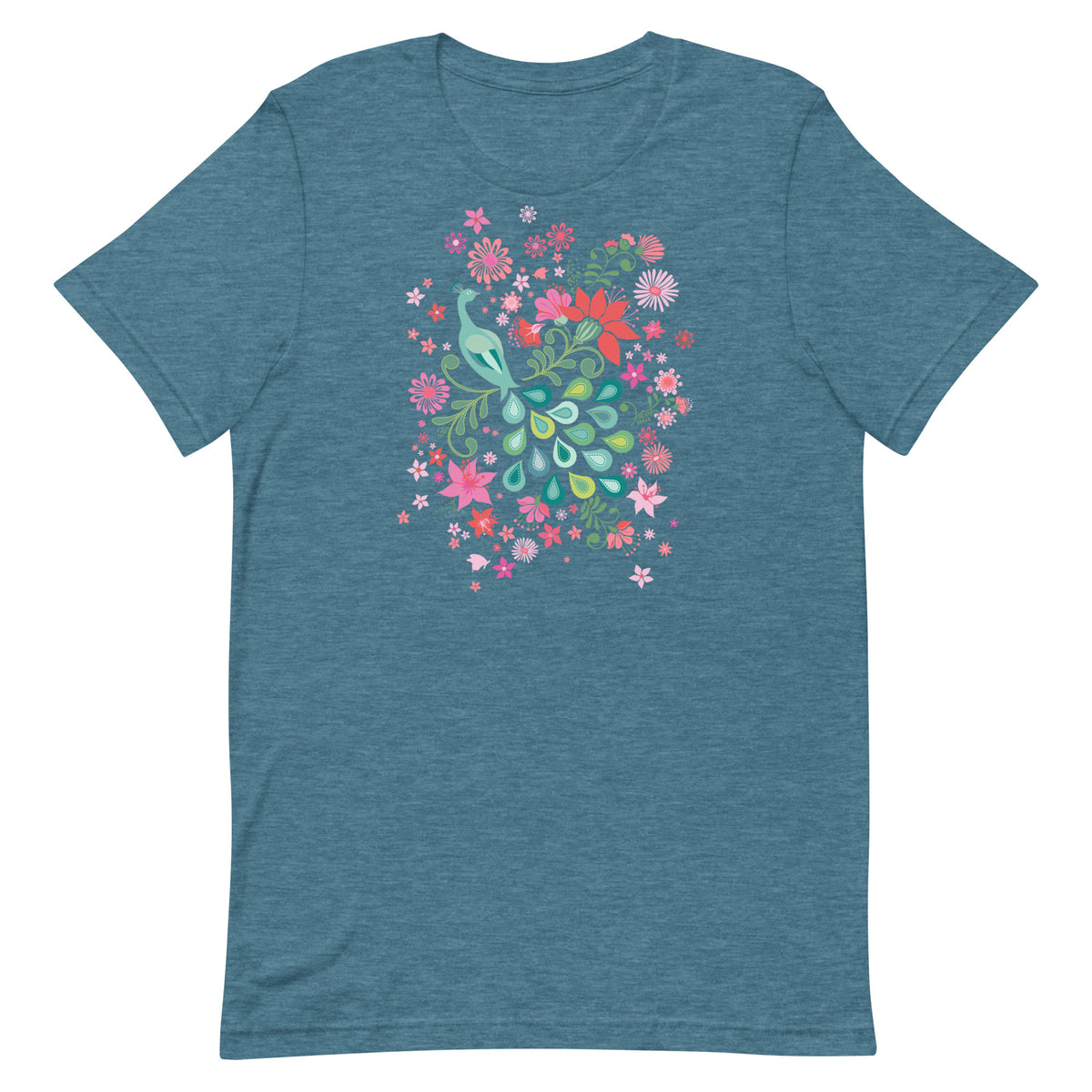Peacock Flowers design, a peacock among coral, pink, mint and teal blooms on a t-shirt in heather deep teal, front view – Kate Spain design
