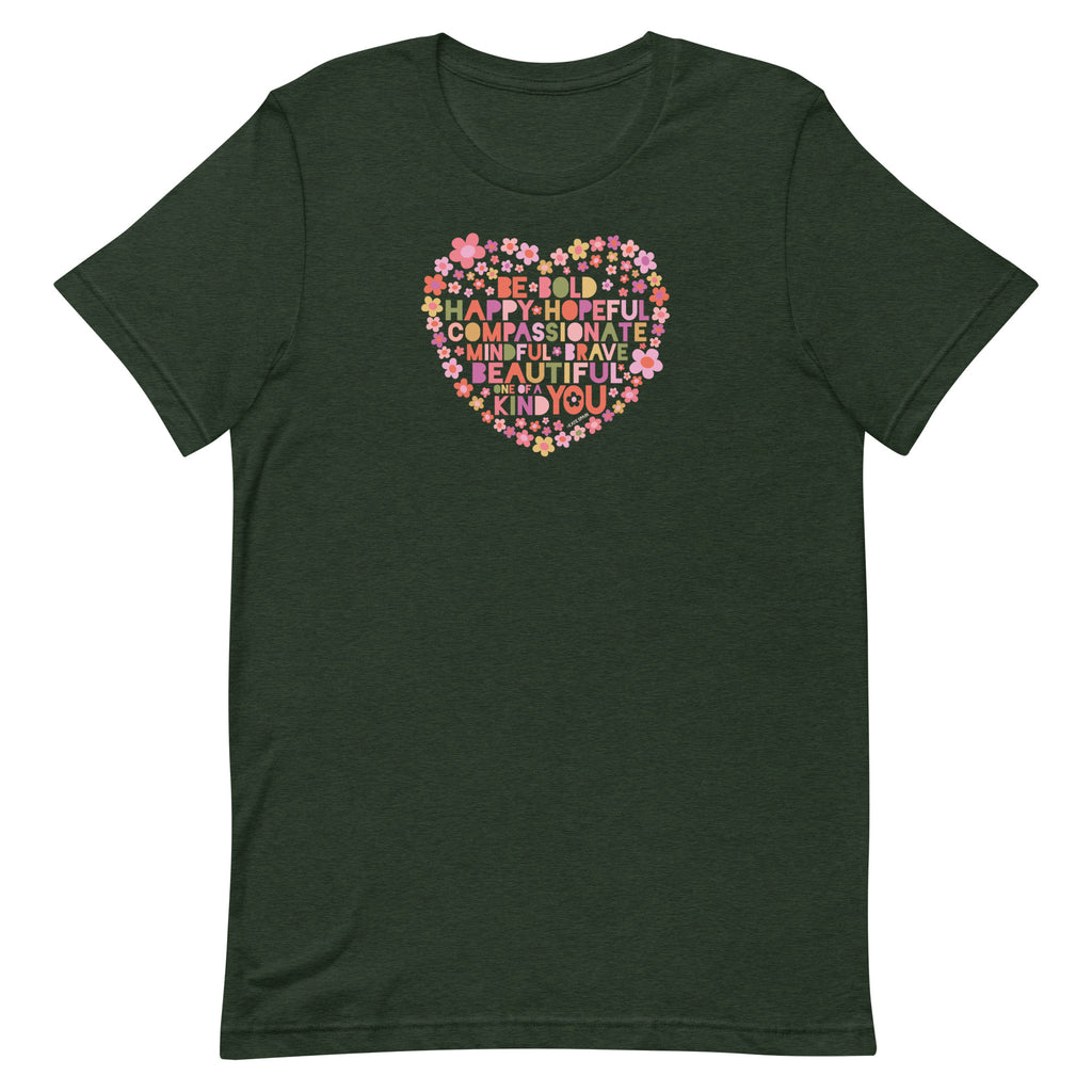 Be You floral heart of inspirational words on a staple t-shirt in heather emerald, front view – Kate Spain design