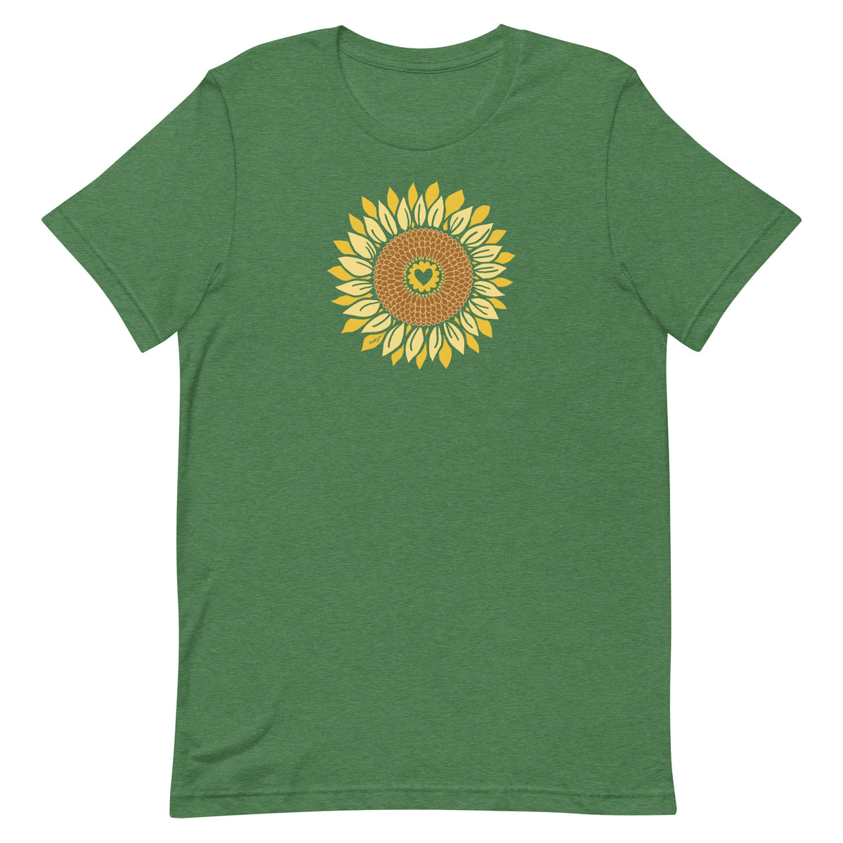 Golden sunflower with a heart center on a crewneck t-shirt in heather grass green, front view – Sunflowers in My Heart by Kate Spain