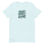 Needs Water + Sunlight hand lettering with leaf and sun accents on a t-shirt in heather ice blue, front view – Kate Spain design
