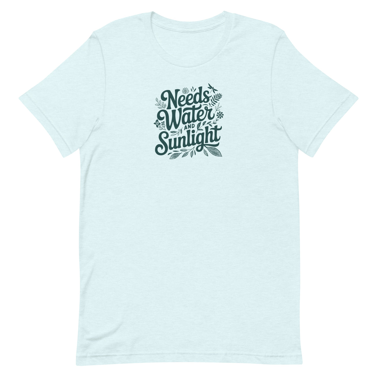 Needs Water + Sunlight hand lettering with leaf and sun accents on a t-shirt in heather ice blue, front view – Kate Spain design