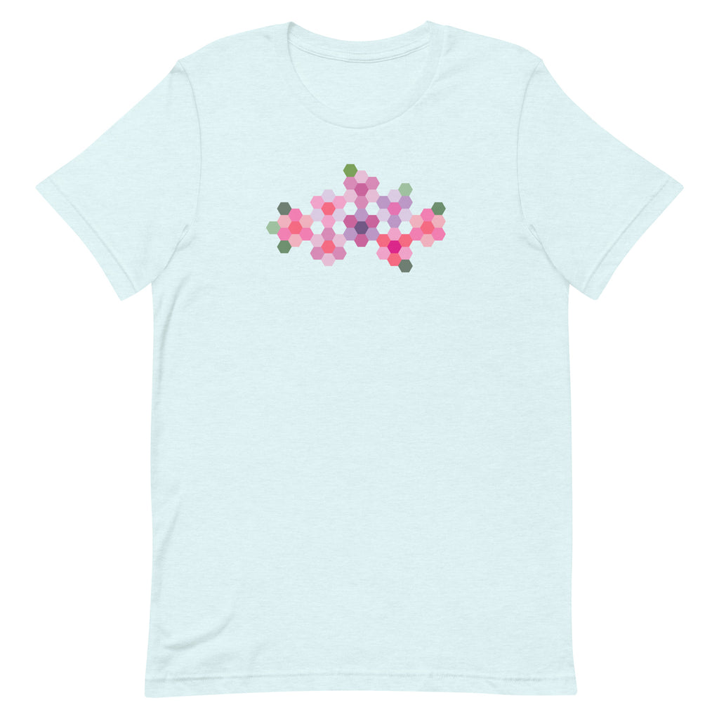 Pink GeoFlora hexagon flowers in pinks, mauves and sage on a t-shirt in heather ice blue, front view – Kate Spain design for Pat Sloan