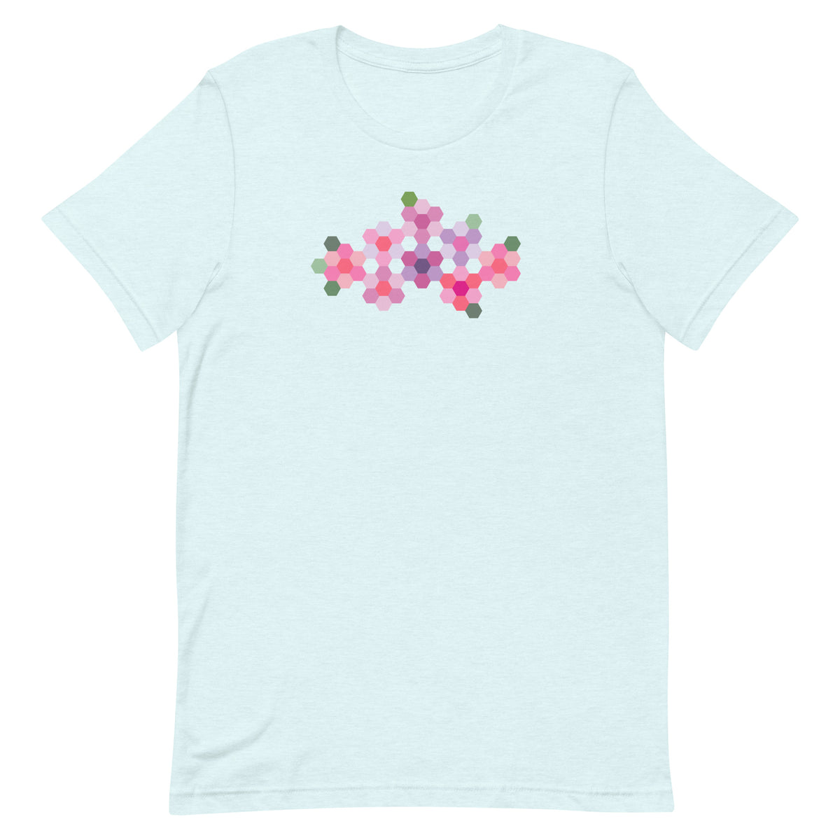 Pink GeoFlora hexagon flowers in pinks, mauves and sage on a t-shirt in heather ice blue, front view – Kate Spain design for Pat Sloan