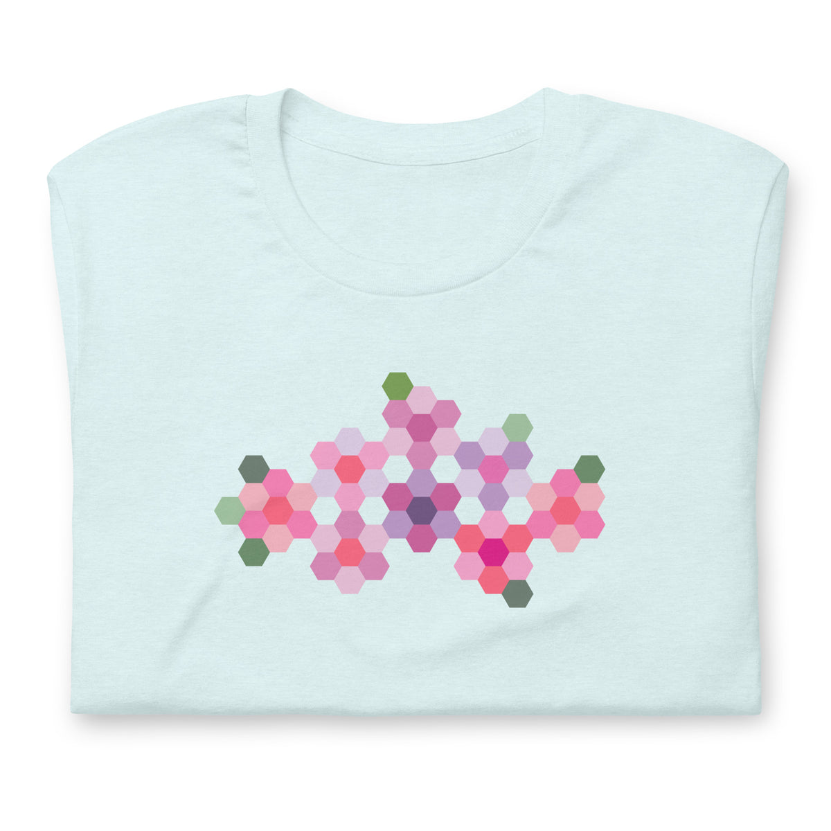 Pink GeoFlora hexagon flowers in pinks, mauves and sage on a t-shirt in heather ice blue, folded close-up of the design – Kate Spain design for Pat Sloan
