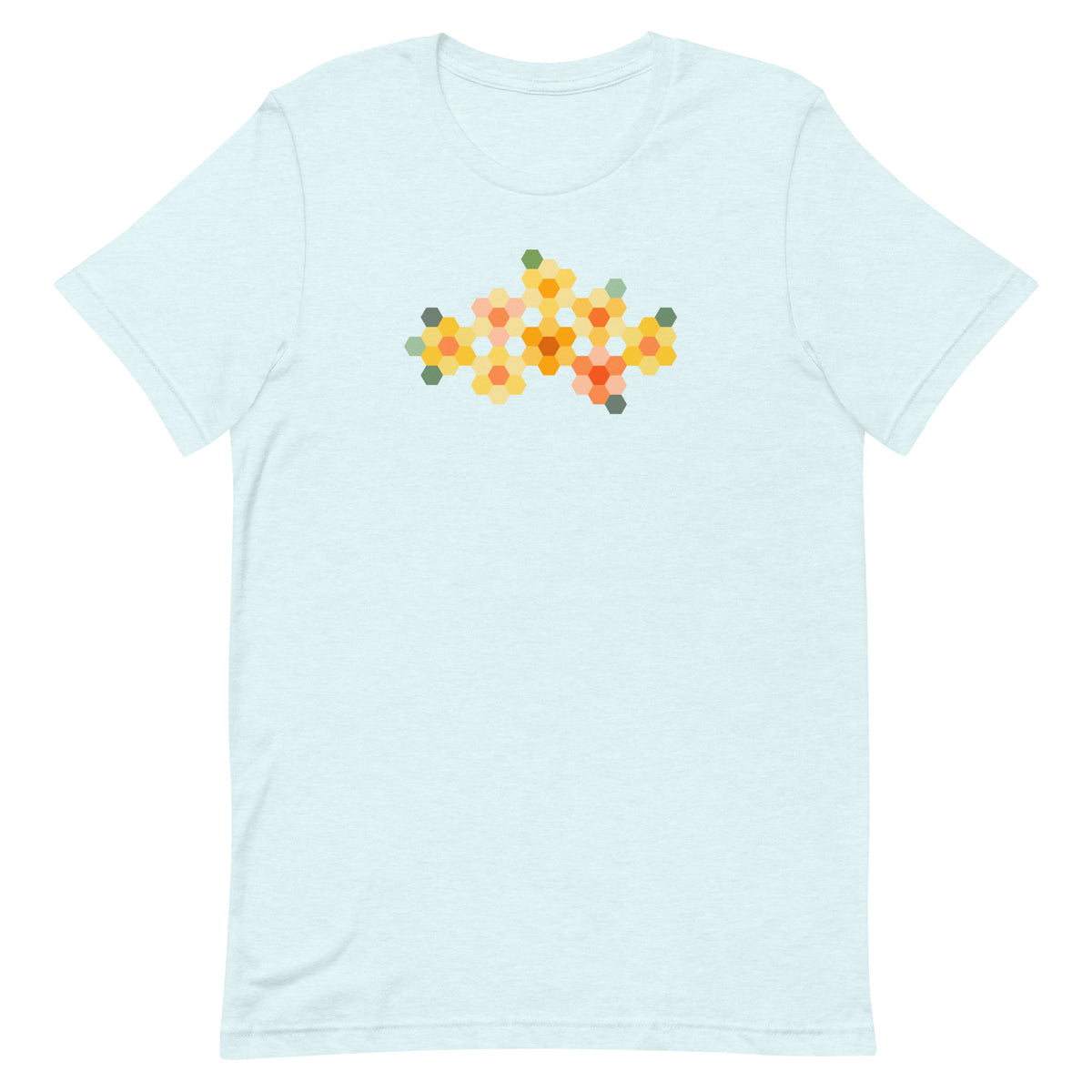 Yellow GeoFlora hexagon flowers in golden yellow, orange, coral and sage on a t-shirt in heather ice blue, front view – Kate Spain design for Pat Sloan