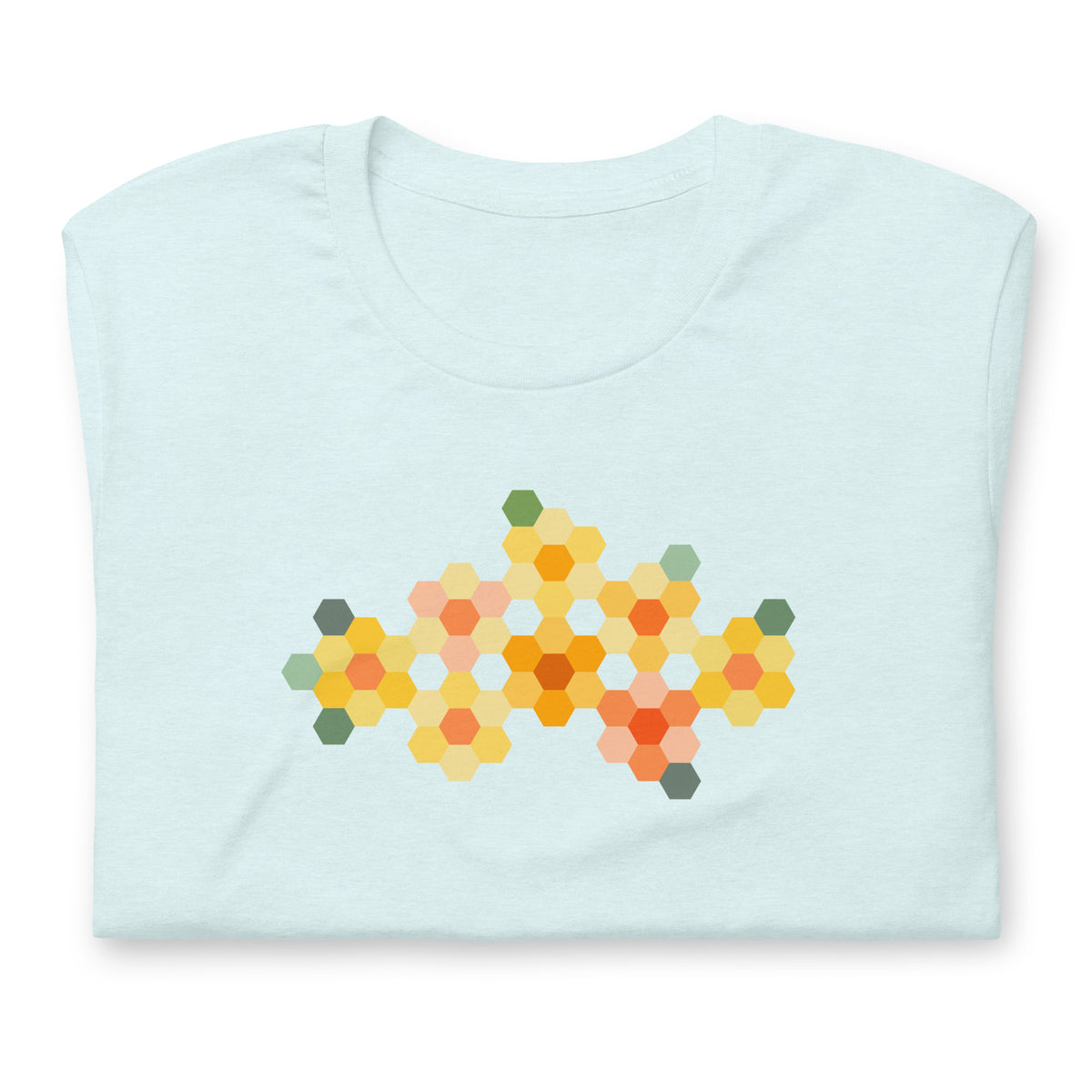 Yellow GeoFlora hexagon flowers in golden yellow, orange, coral and sage on a t-shirt in heather ice blue, folded close-up of the design – Kate Spain design for Pat Sloan