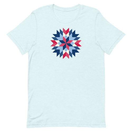 Barn Star quilt block in red, white and blue on a t-shirt in heather ice blue, front view – Kate Spain design for Pat Sloan