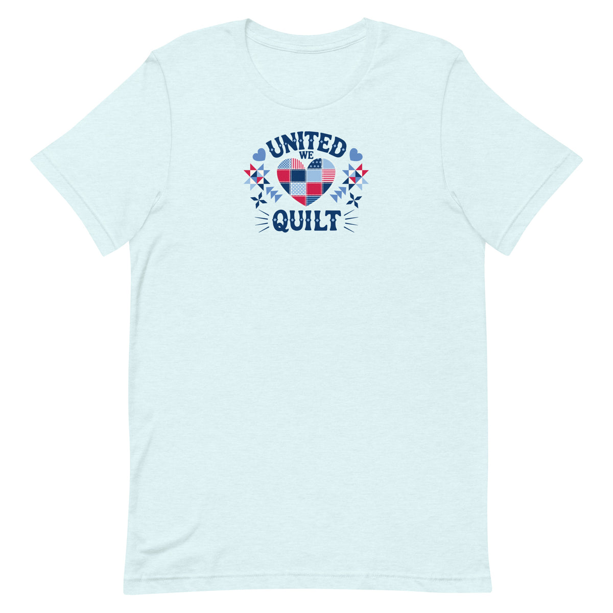 Quilters United quilt badge in red, white and blue on a t-shirt in heather ice blue, front view – Kate Spain design for Pat Sloan