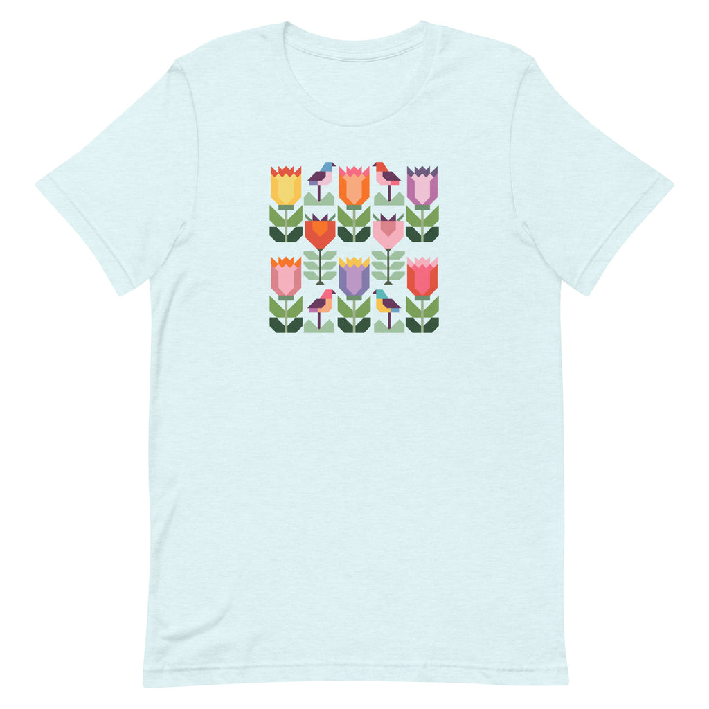 Birds + Blooms patchwork tulips and birds on a t-shirt in heather ice blue, front view – Kate Spain design for Pat Sloan