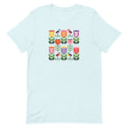 Birds + Blooms patchwork tulips and birds on a t-shirt in heather ice blue, front view – Kate Spain design for Pat Sloan