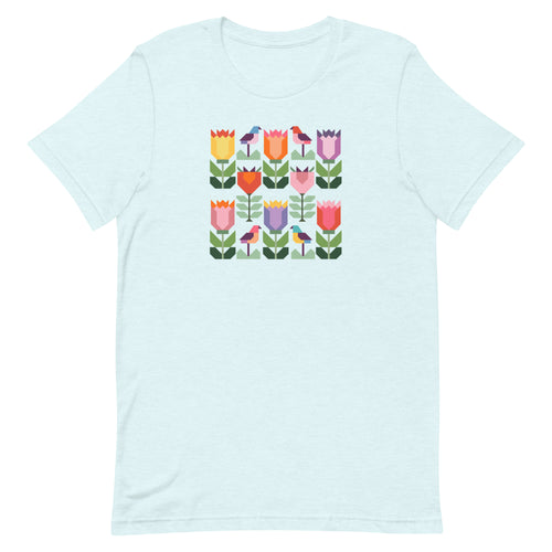Birds + Blooms patchwork tulips and birds on a t-shirt in heather ice blue, front view – Kate Spain design for Pat Sloan