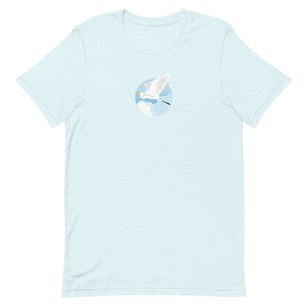 Great egret in flight against a blue circle on a t-shirt in heather ice blue, front view – Kate Spain design