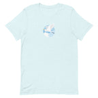 Great egret in flight against a blue circle on a t-shirt in heather ice blue, front view – Kate Spain design